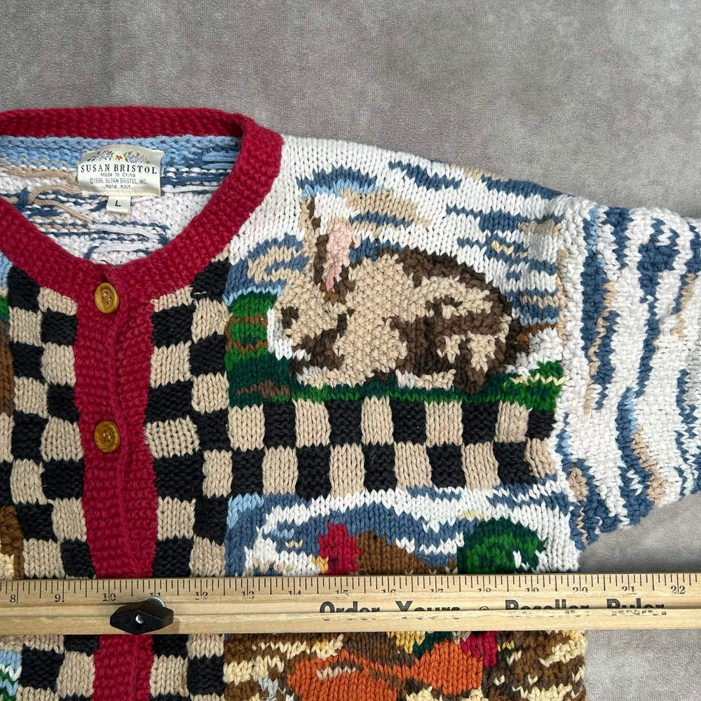 Susan Bristol Vintage 1995 Hand Knit Farm Animal Cardigan Sweater Womens Large - Picture 2 of 7